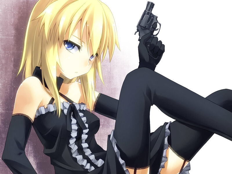 Blonde Anime Girl with Gun — Black, Dramatic, Black Dress