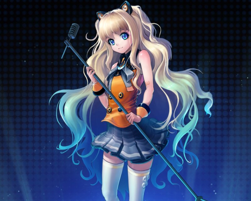 Blonde Anime Girl with Microphone — Blue, Dramatic