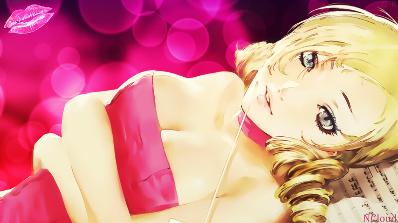 blonde anime girl with music notes