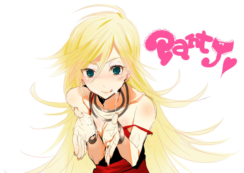 blonde anime girl with party text