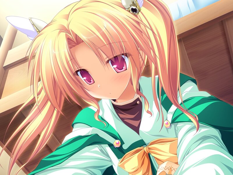 blonde anime girl with pink eyes