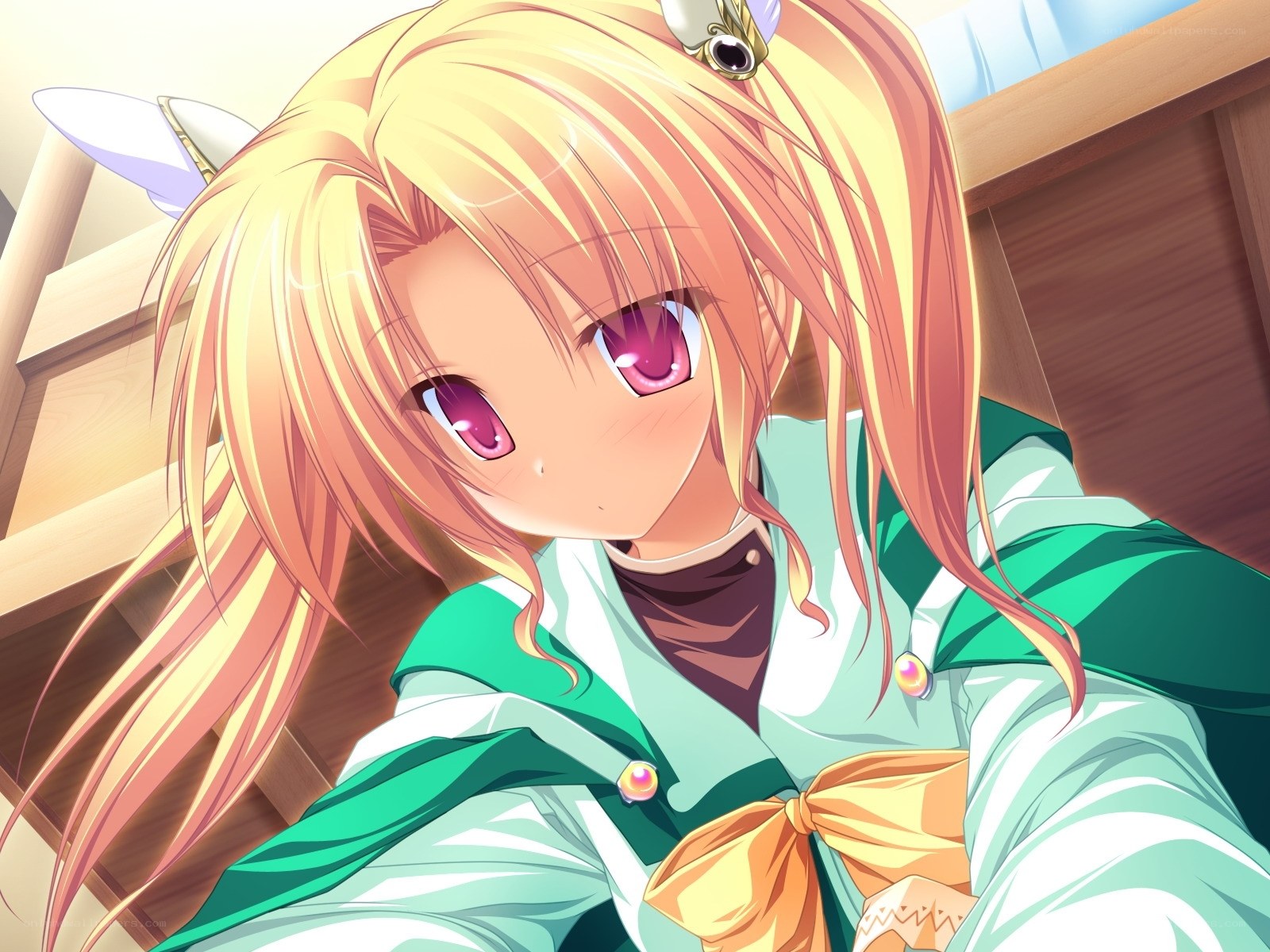 blonde anime girl with pink eyes
