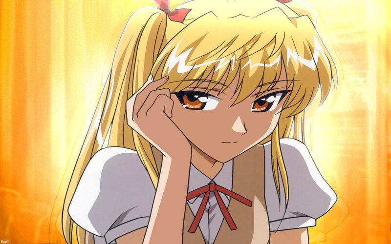 blonde anime girl with red bow