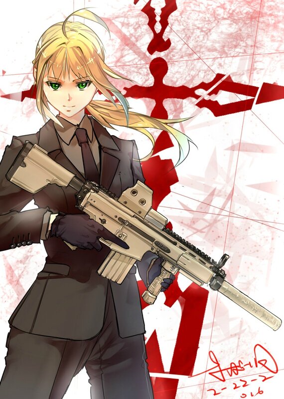 Blonde Anime Girl with Rifle — White, Dramatic