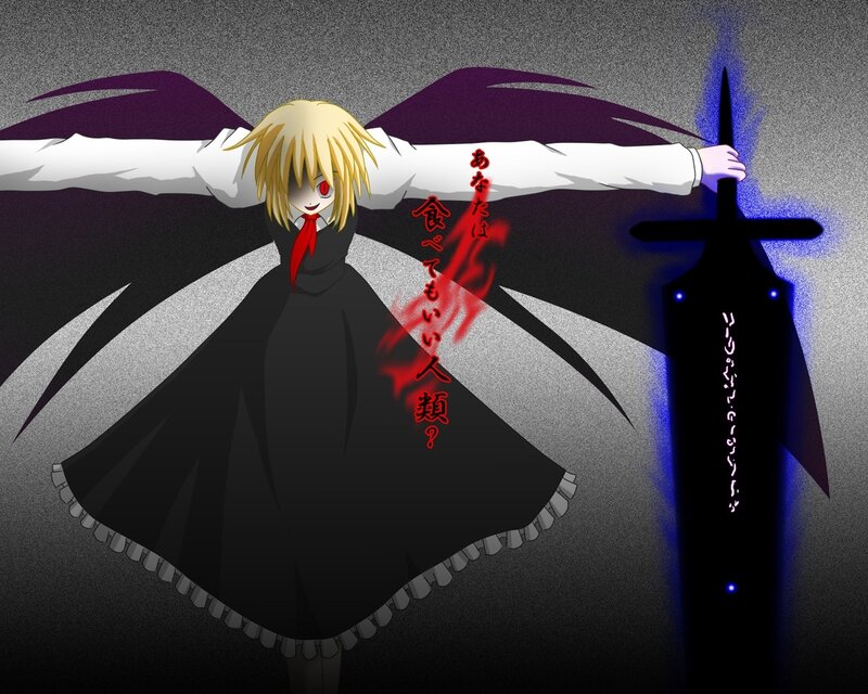 Blonde Anime Girl with Sword — Black, Dramatic, Night, Wings