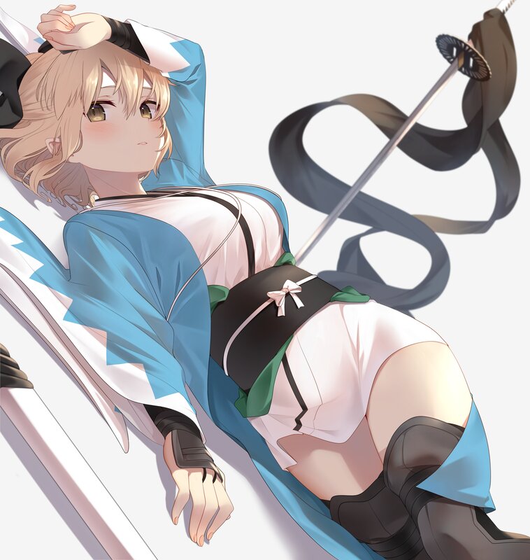 Blonde Anime Girl with Sword — Blue, Calm, Ribbon