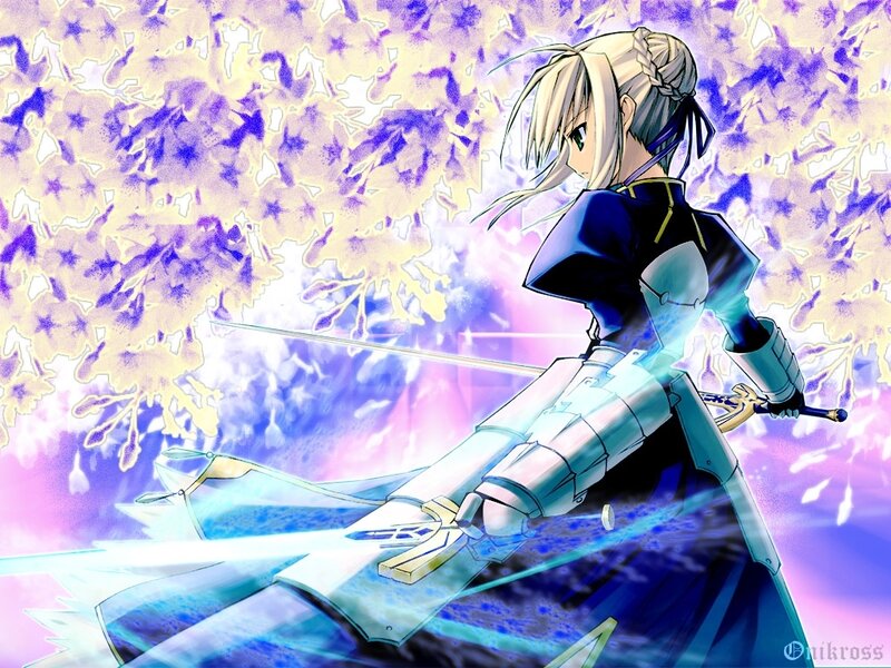 Blonde Anime Girl with Sword — Blue, Dramatic, Armor, Cherry Blossoms