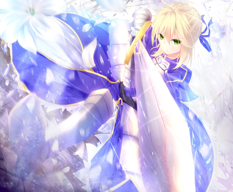 Blonde Anime Girl with Sword — Blue, Dramatic, Armor, Flower