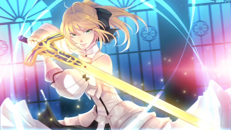 Blonde Anime Girl with Sword — Blue, Dramatic, Armor, Light Effects