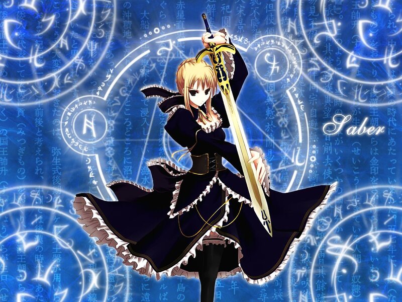 Blonde Anime Girl with Sword — Blue, Dramatic, Black Dress