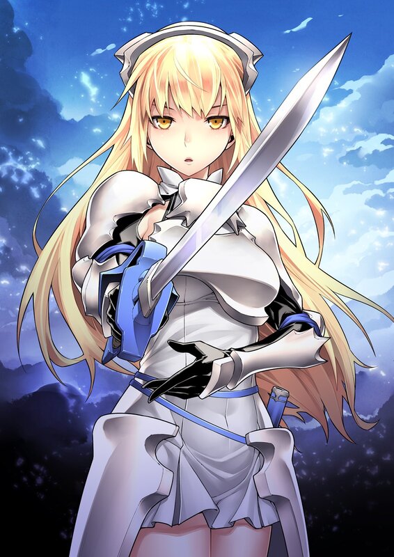 Blonde Anime Girl with Sword — Blue, Dramatic, Night, Armor, Clouds
