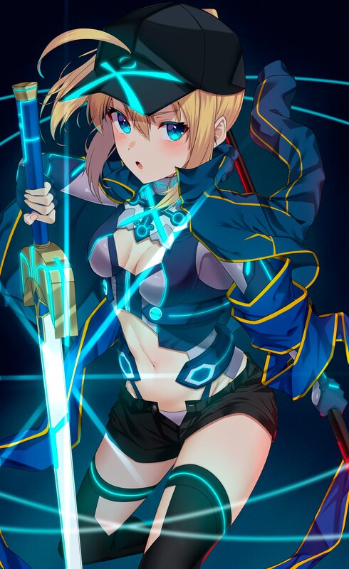 Blonde Anime Girl with Sword — Blue, Dramatic, Night, Cap