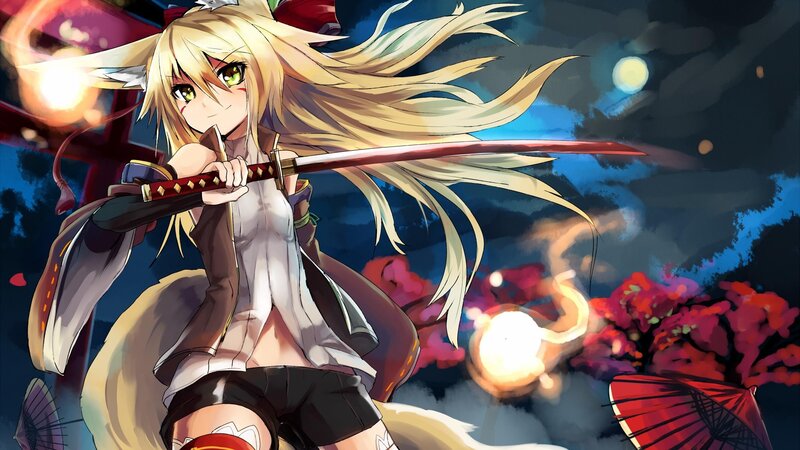 Blonde Anime Girl with Sword — Blue, Dramatic, Night, Fox Ears