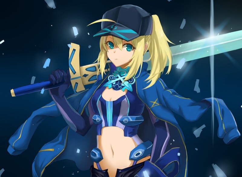 Blonde Anime Girl with Sword — Blue, Dramatic, Night, Hat