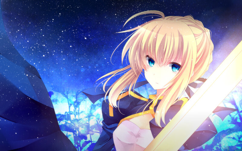 Blonde Anime Girl with Sword — Blue, Dramatic, Night, Starry Sky
