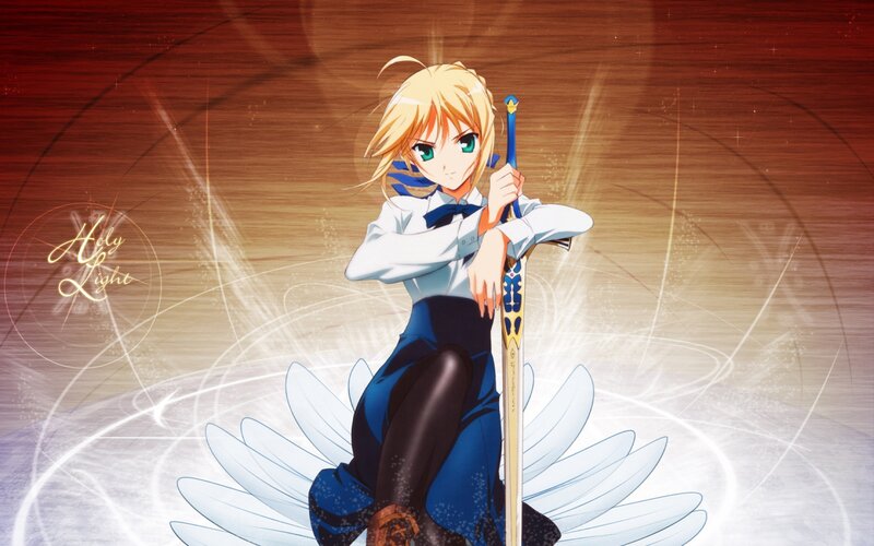 Blonde Anime Girl with Sword — Blue, Dramatic, Wings