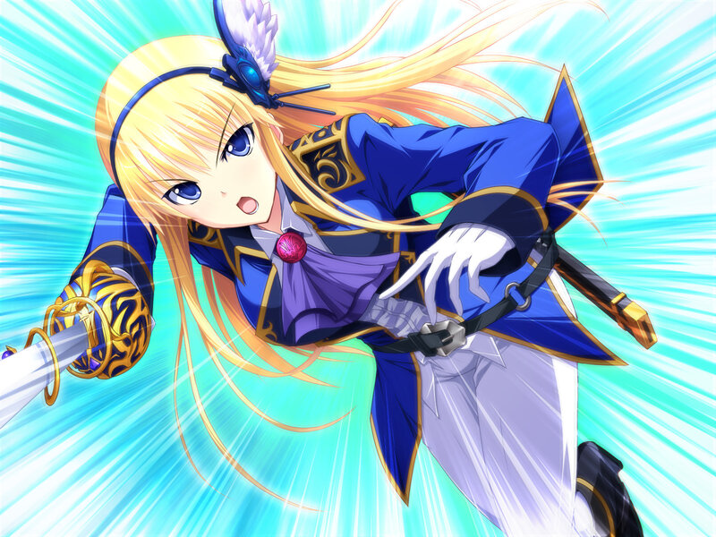 Blonde Anime Girl with Sword — Blue, Dynamic, Blue Jacket