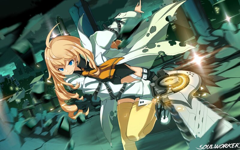 Blonde Anime Girl with Sword — Green, Dramatic