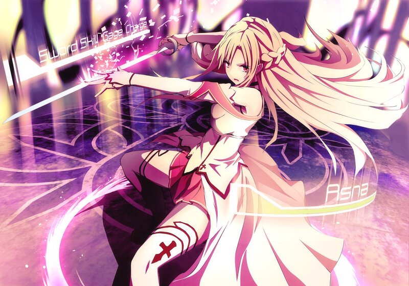 Blonde Anime Girl with Sword — Purple, Dramatic, Magic Circle, Long Hair, White