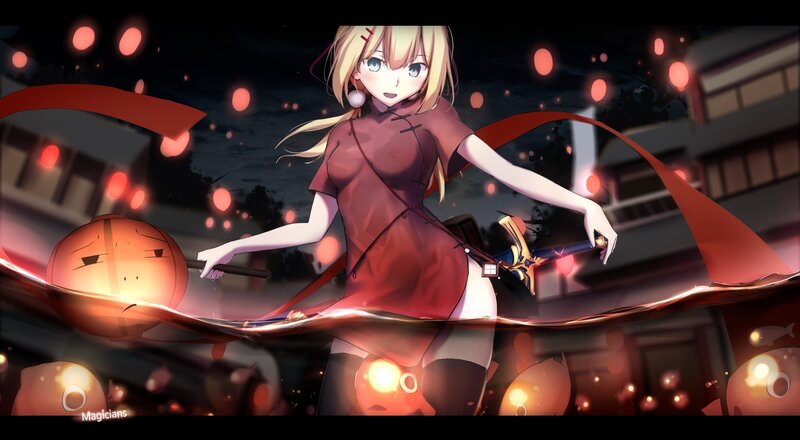 Blonde Anime Girl with Sword — Red, Dramatic, Night, Digital Art
