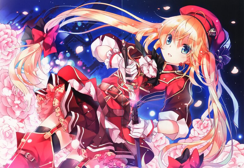 Blonde Anime Girl with Sword — Red, Dramatic, Night, Flowers