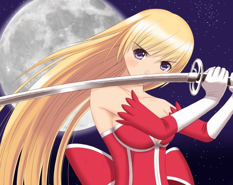 Blonde Anime Girl with Sword — Red, Dramatic, Night, Moon