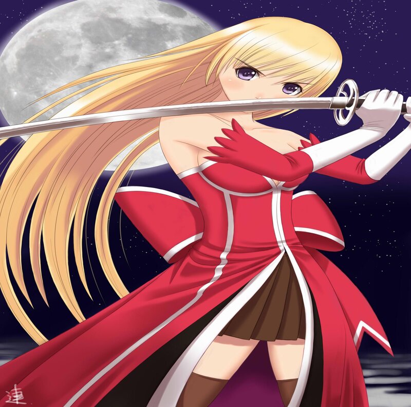 Blonde Anime Girl with Sword — Red, Dramatic, Night