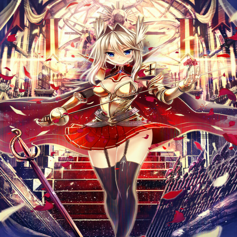 Blonde Anime Girl with Sword — Red, Dramatic, Rose Petals