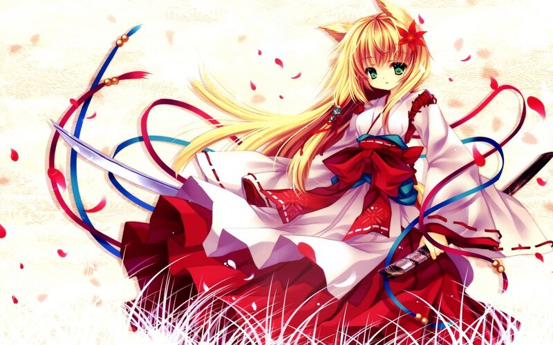 Blonde Anime Girl with Sword — Red, Dramatic, Spring