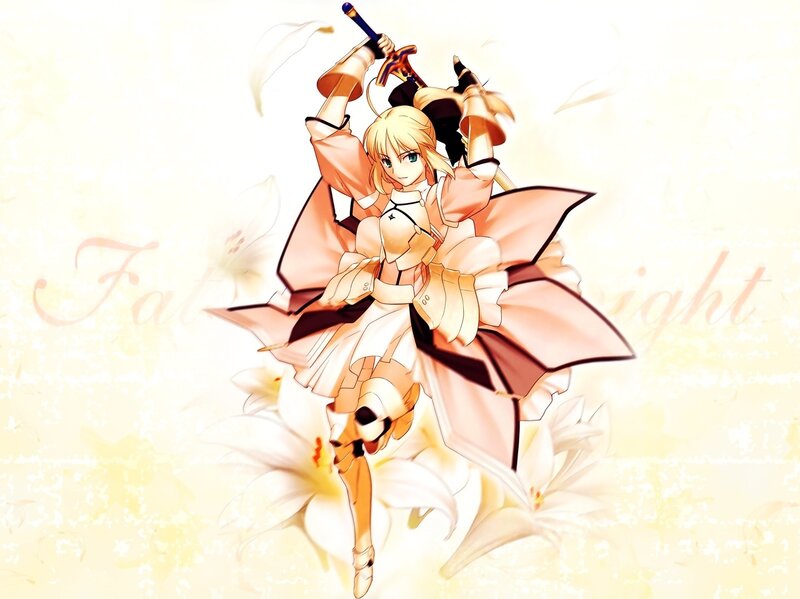 Blonde Anime Girl with Sword — White, Dramatic, Flowers