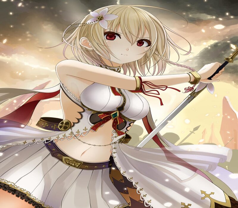 Blonde Anime Girl with Sword — White, Dramatic, Sunset