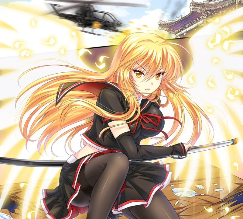 Blonde Anime Girl with Sword — Yellow, Dramatic, Helicopter