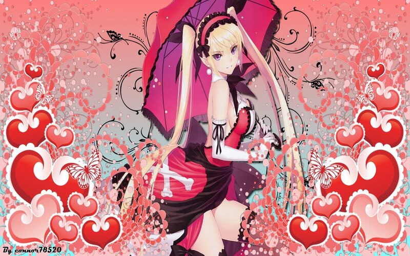 Blonde Anime Girl with Umbrella — Red