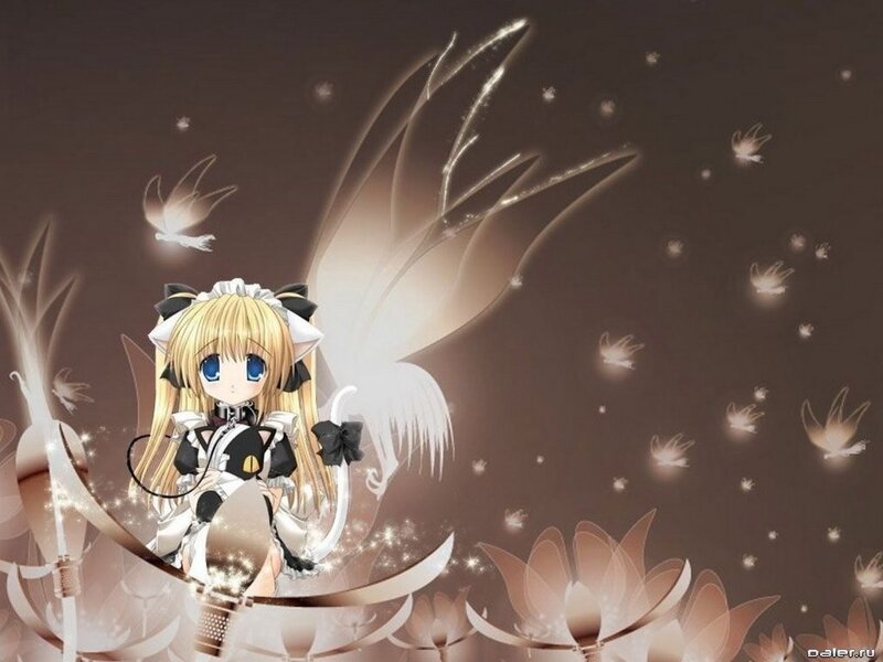Blonde Anime Girl with Wings — Brown, Serene, Flowers
