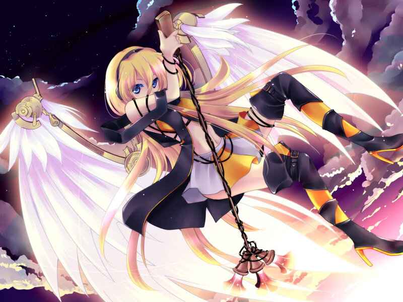 Blonde Anime Girl with Wings — White, Dramatic, Night, Weapon