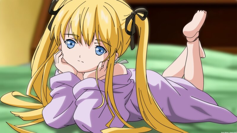 Blonde Anime Girl — Yellow, Calm, Bed, Pigtails