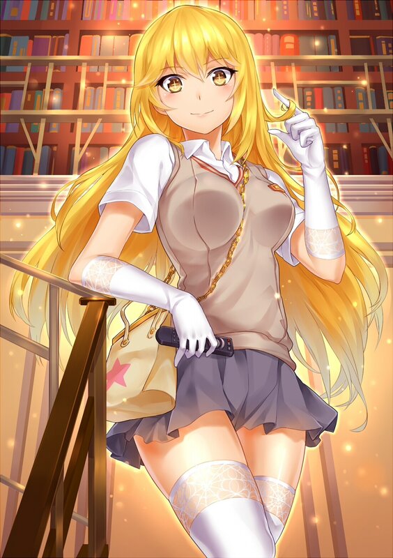 Blonde Anime Girl — Yellow, Calm, Bookshelf, Gloves