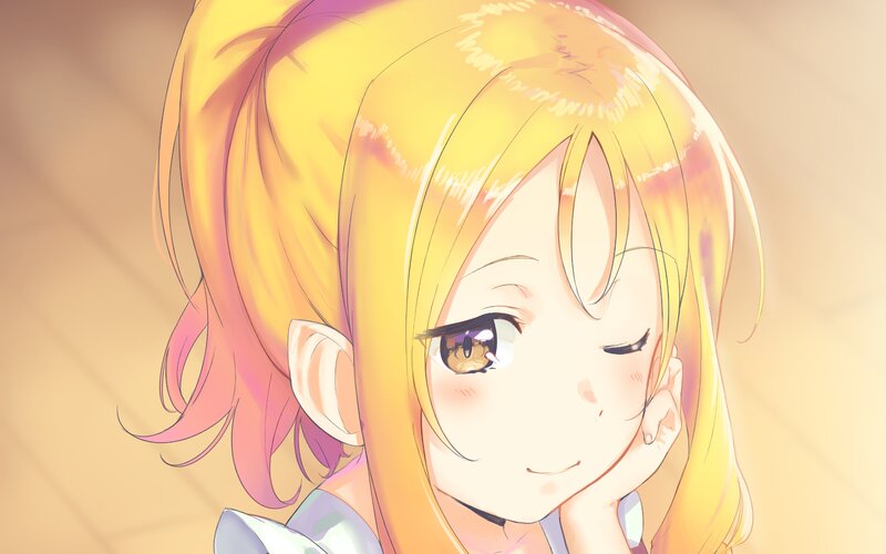 Blonde Anime Girl — Yellow, Calm, Hand on Cheek