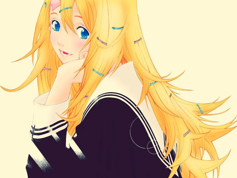 Blonde Anime Girl — Yellow, Calm, School Uniform, Hair Clips