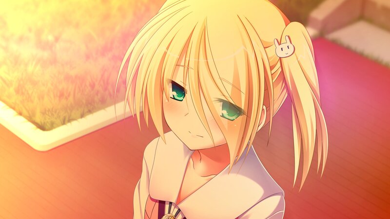 Blonde Anime Girl — Yellow, Calm, Sunset, Green Eyes, Ponytail