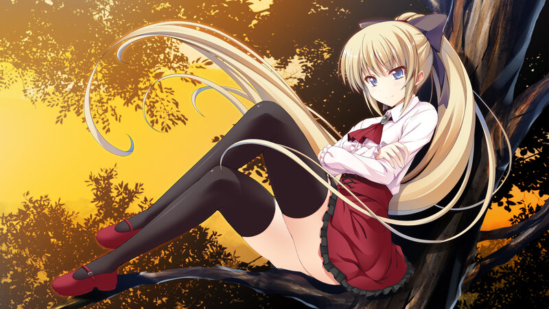 Blonde Anime Girl — Yellow, Calm, Sunset, Tree