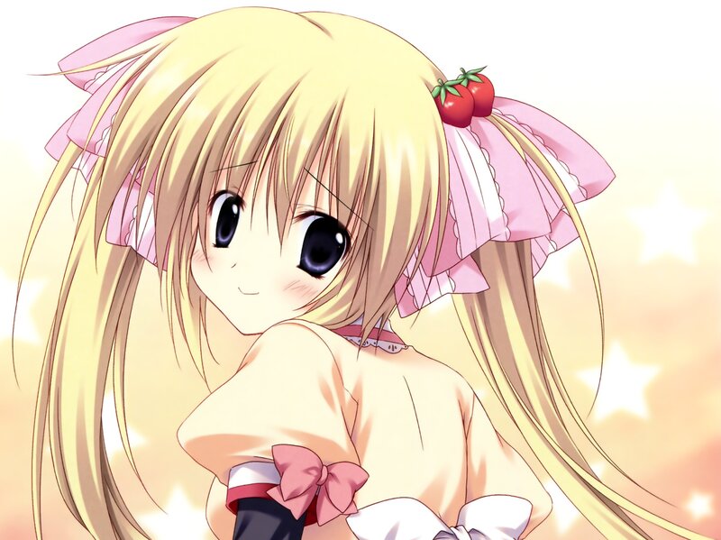 Blonde Anime Girl — Yellow, Cheerful, Pink Bows