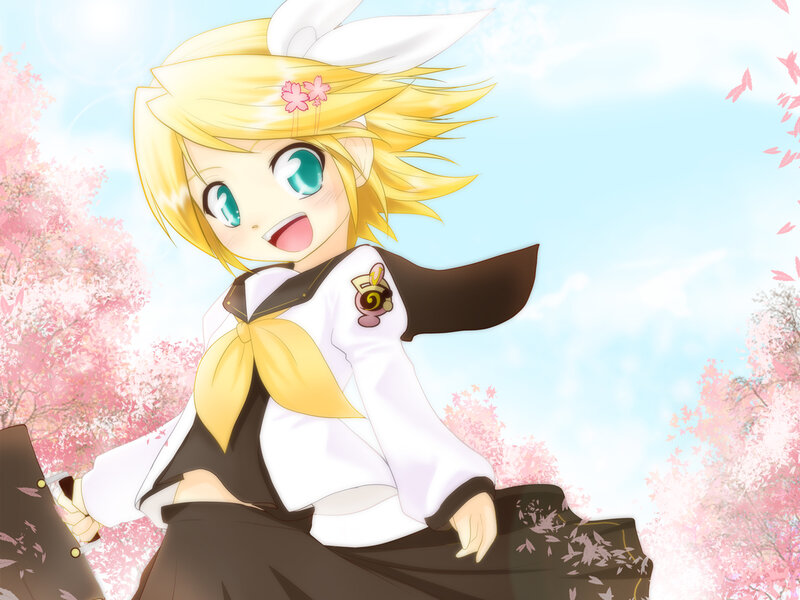 Blonde Anime Girl — Yellow, Cheerful, Spring, Sakura Trees