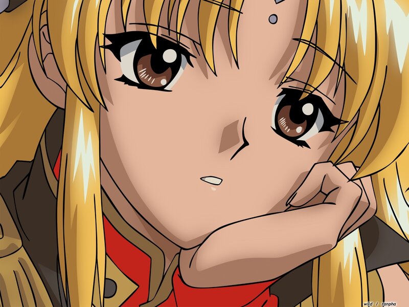 Blonde Anime Girl — Yellow, Contemplative, Hand on Chin