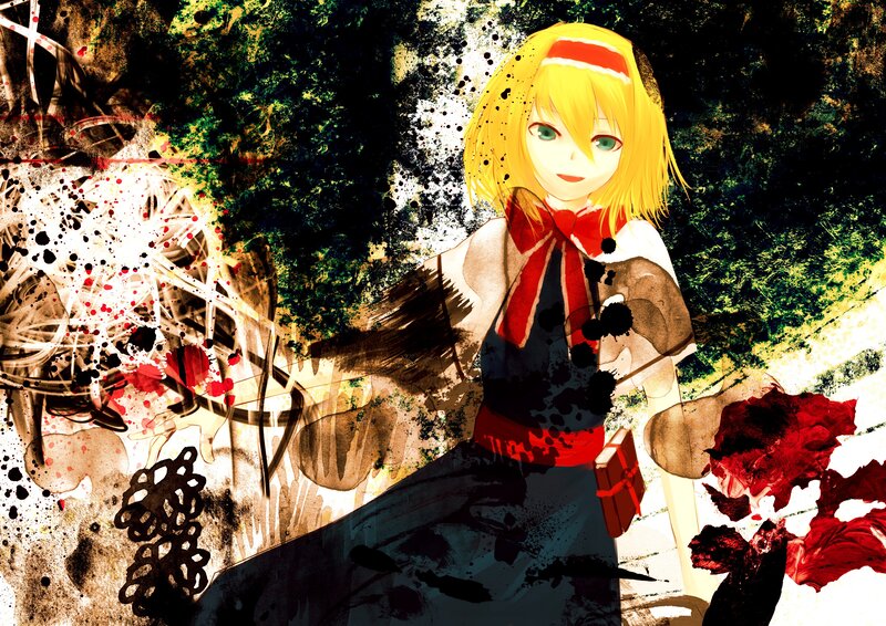 Blonde Anime Girl — Yellow, Dramatic, Digital Art, Red Bow
