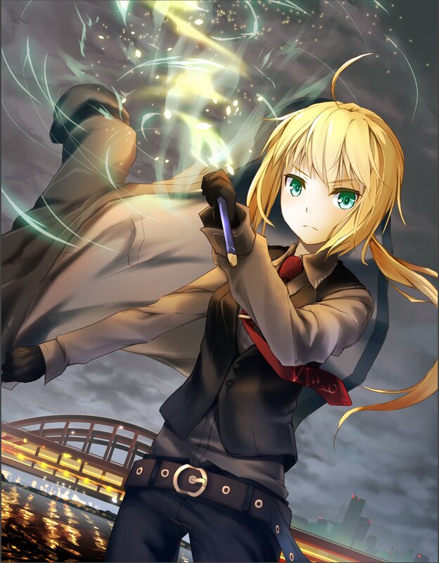 Blonde Anime Girl — Yellow, Dramatic, Night, Sword, Bridge