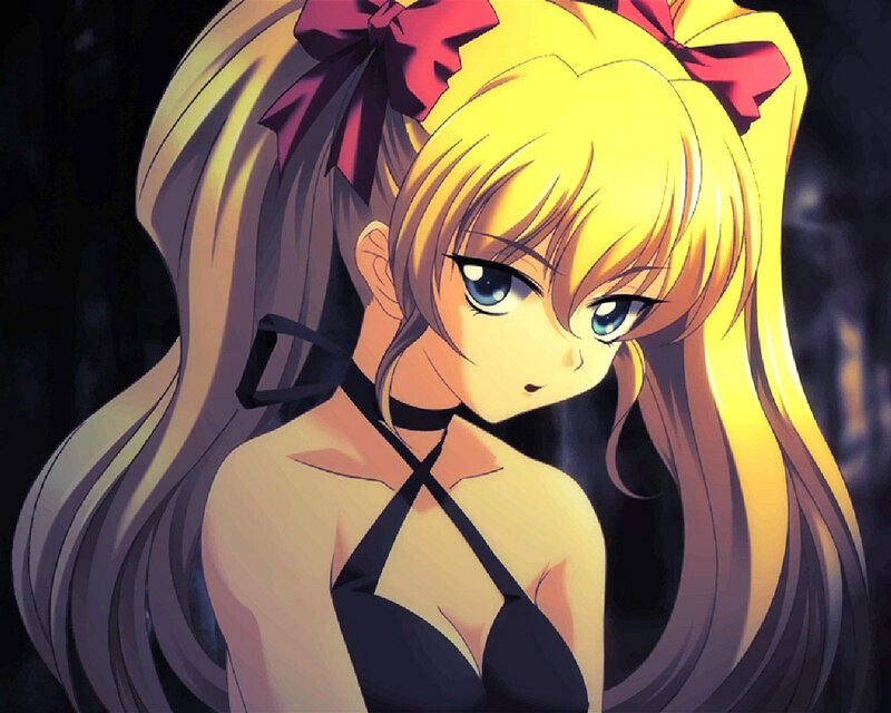 Blonde Anime Girl — Yellow, Dramatic, Red Bow, Black Top