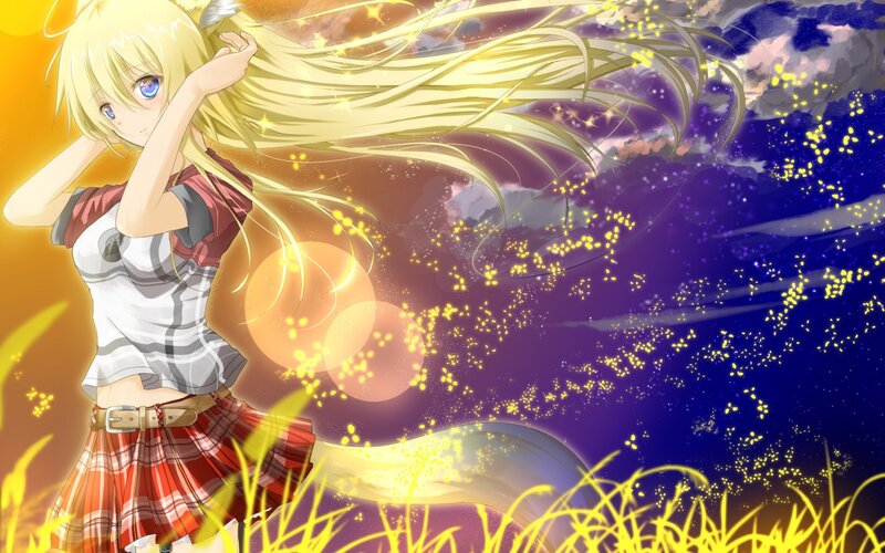 Blonde Anime Girl — Yellow, Dramatic, Sunset, Long Hair, Sparkles