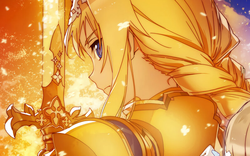 Blonde Anime Girl — Yellow, Dramatic, Sunset, Sword