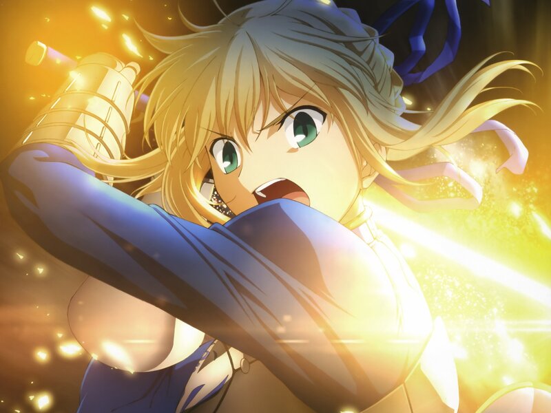 Blonde Anime Girl — Yellow, Dramatic, Sword, Light Effect, Blue Outfit